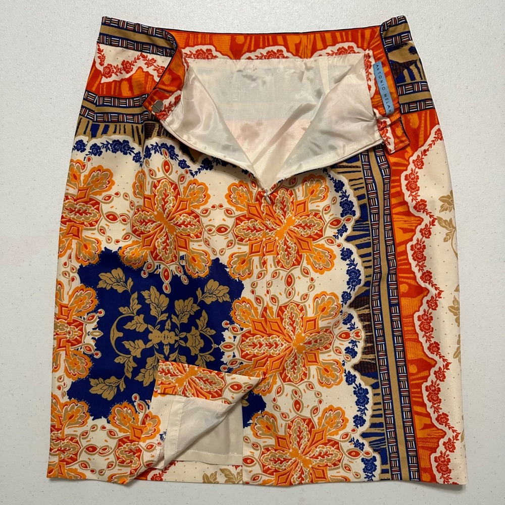Antonio Melani Baroque Medallion Scarf Print Pencil Skirt Orange Blue Ornate S - Picture 4 of 6
